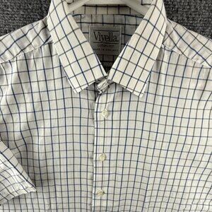 Viyella Cotton Rich England Made Blue White Check Button Up Shirt Short Sleeve
